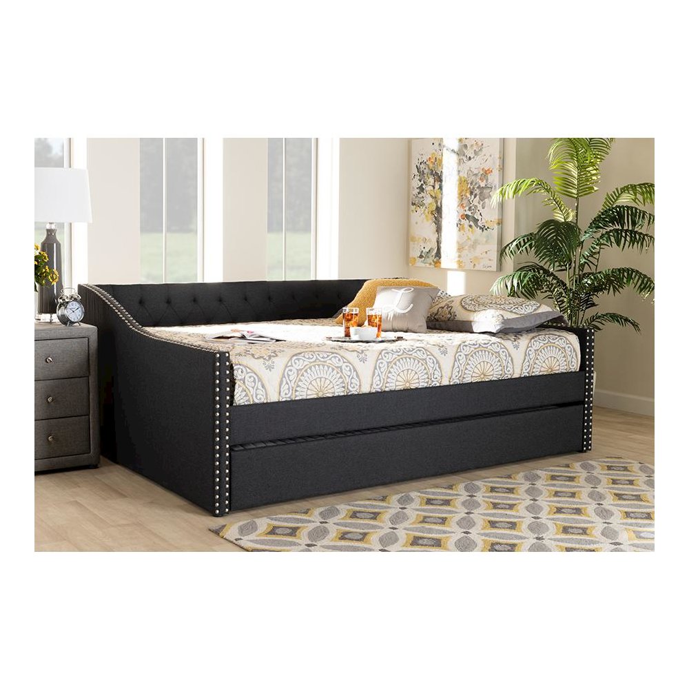 Dark Grey Fabric Upholstered Queen Size Daybed with Roll-Out Trundle Bed. Picture 9
