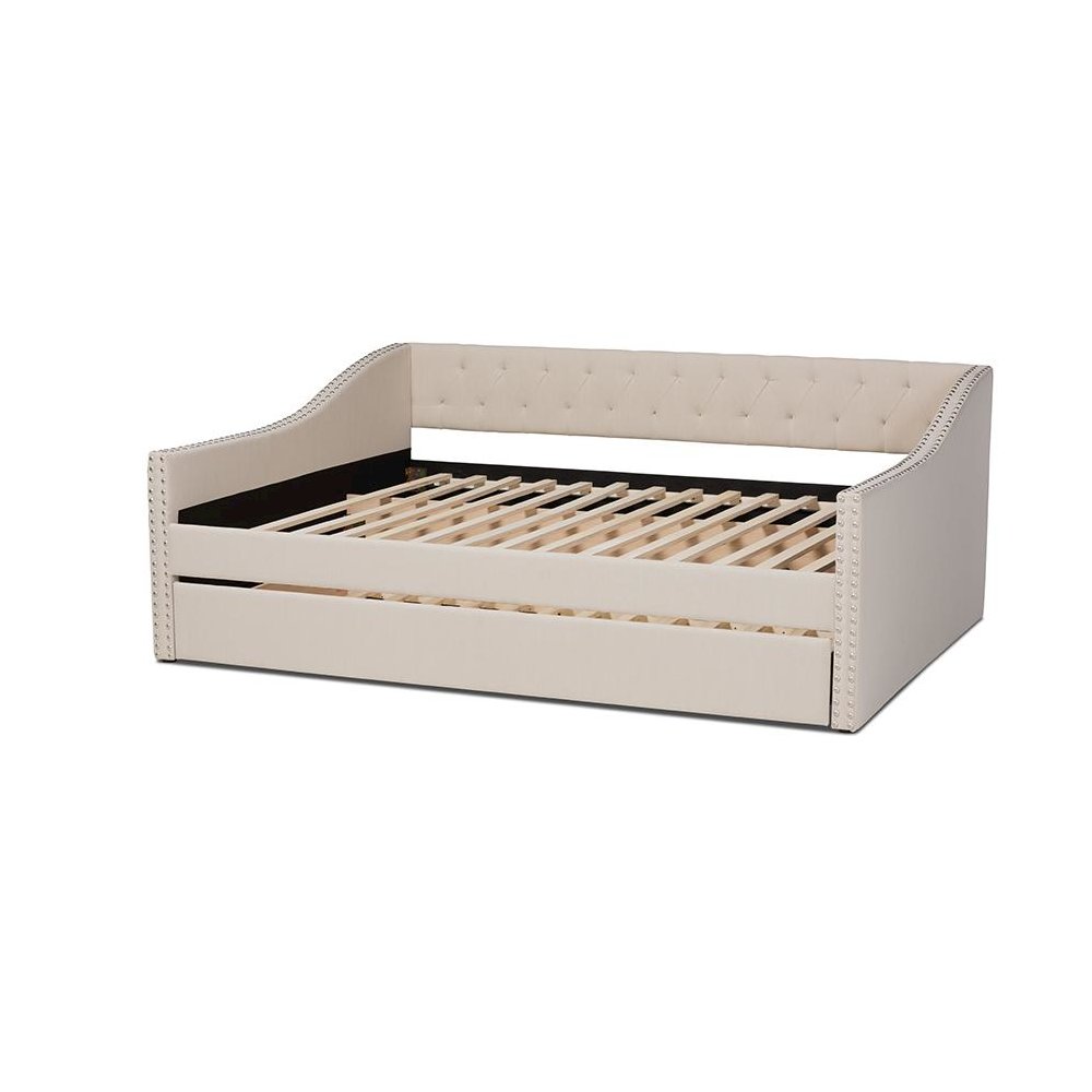 Beige Fabric Upholstered Queen Size Daybed with Roll-Out Trundle Bed. Picture 4