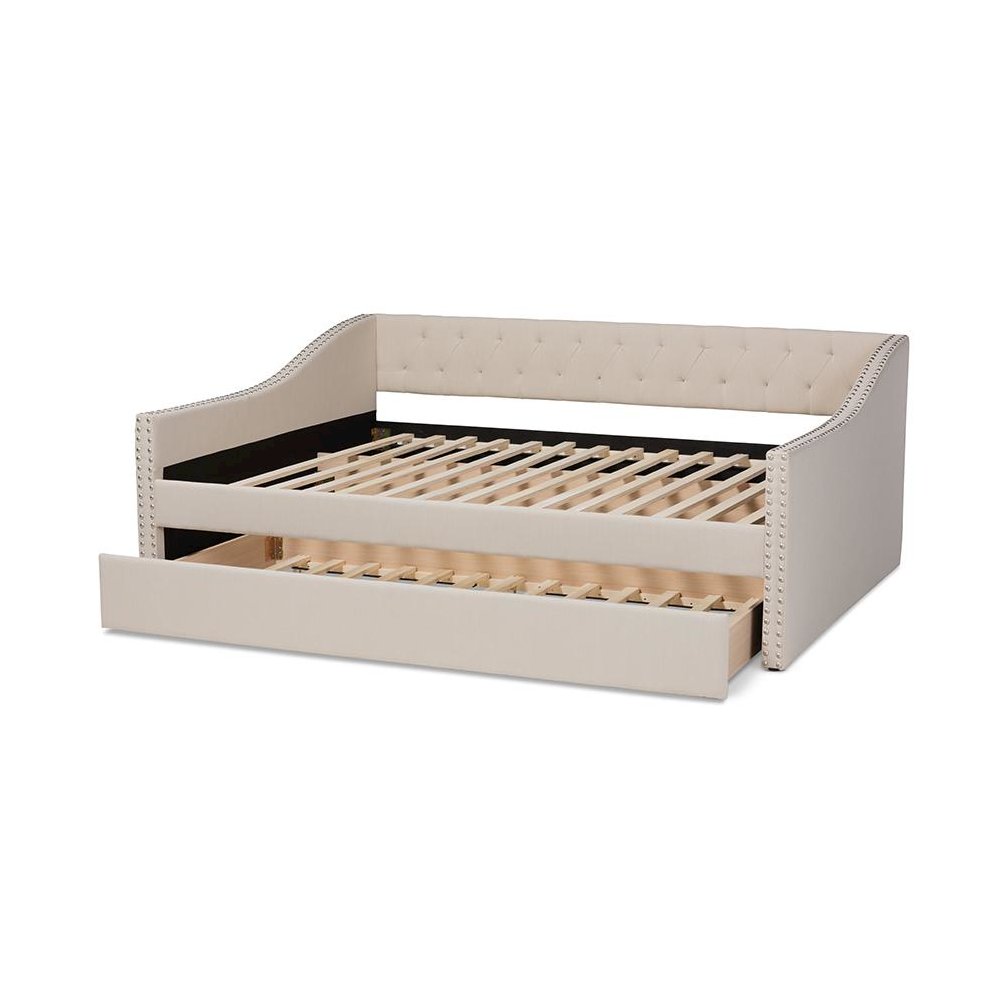 Beige Fabric Upholstered Queen Size Daybed with Roll-Out Trundle Bed. Picture 5