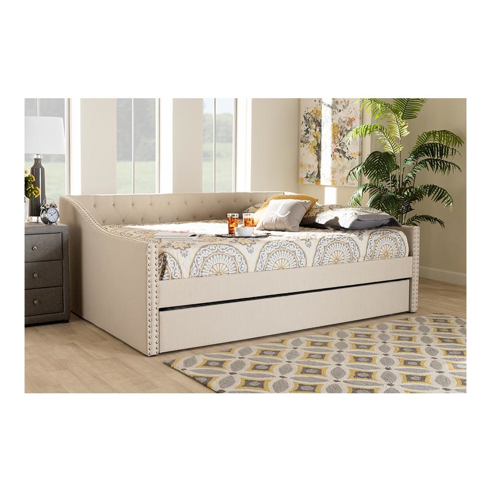 Beige Fabric Upholstered Queen Size Daybed with Roll-Out Trundle Bed. Picture 8