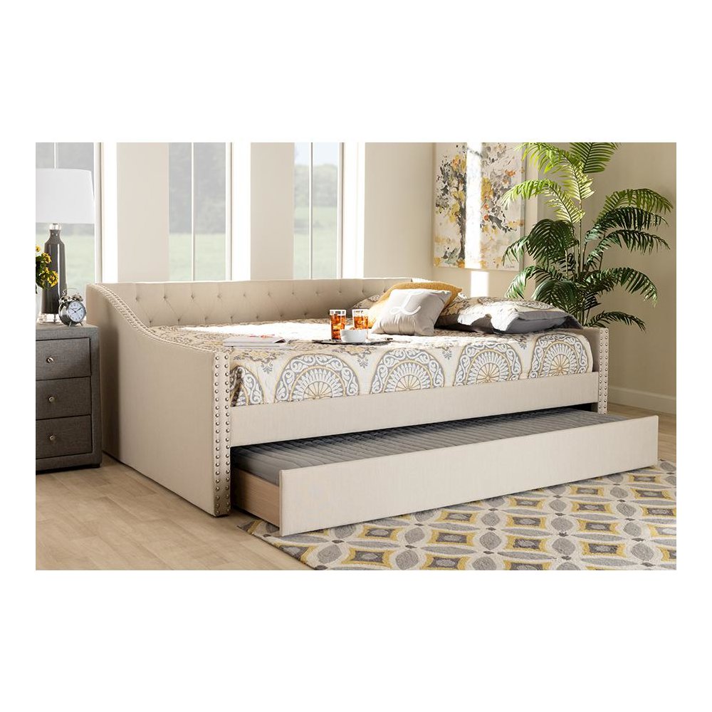 Beige Fabric Upholstered Full Size Daybed with Roll-Out Trundle Bed. Picture 25