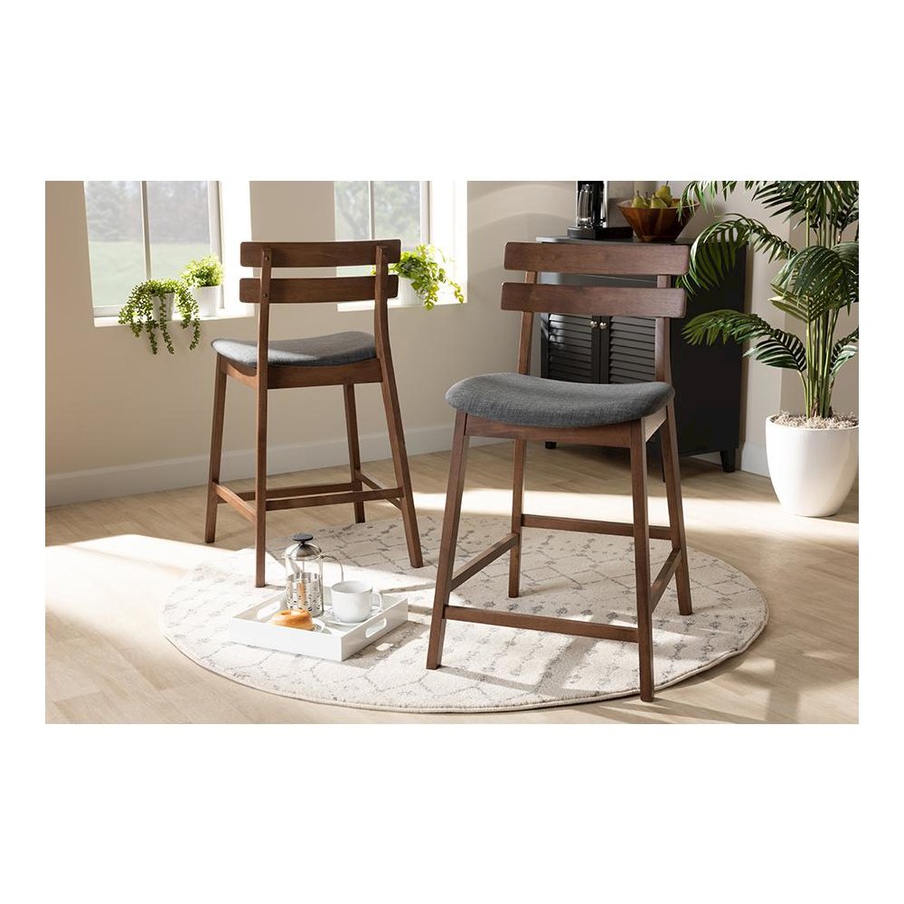 Dark Grey Fabric Upholstered Walnut Finished 2-Piece Wood Counter Stool Set. Picture 19