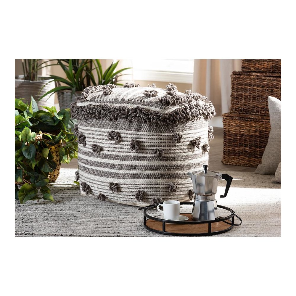 Eligah Moroccan Inspired Ivory and Brown Handwoven Wool Pouf Ottoman. Picture 13