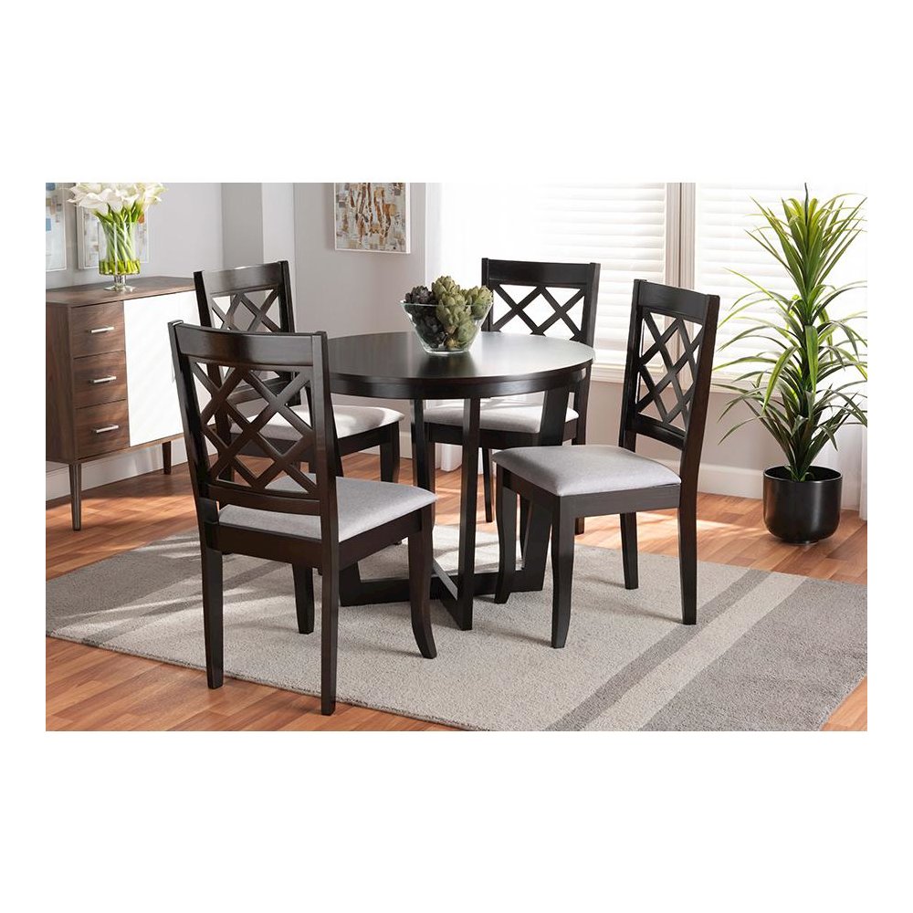 Grey Fabric Upholstered and Dark Brown Finished Wood 5-Piece Dining Set. Picture 19