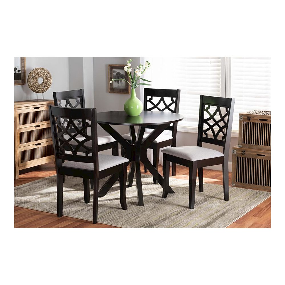Grey Fabric Upholstered and Dark Brown Finished Wood 5-Piece Dining Set. Picture 17