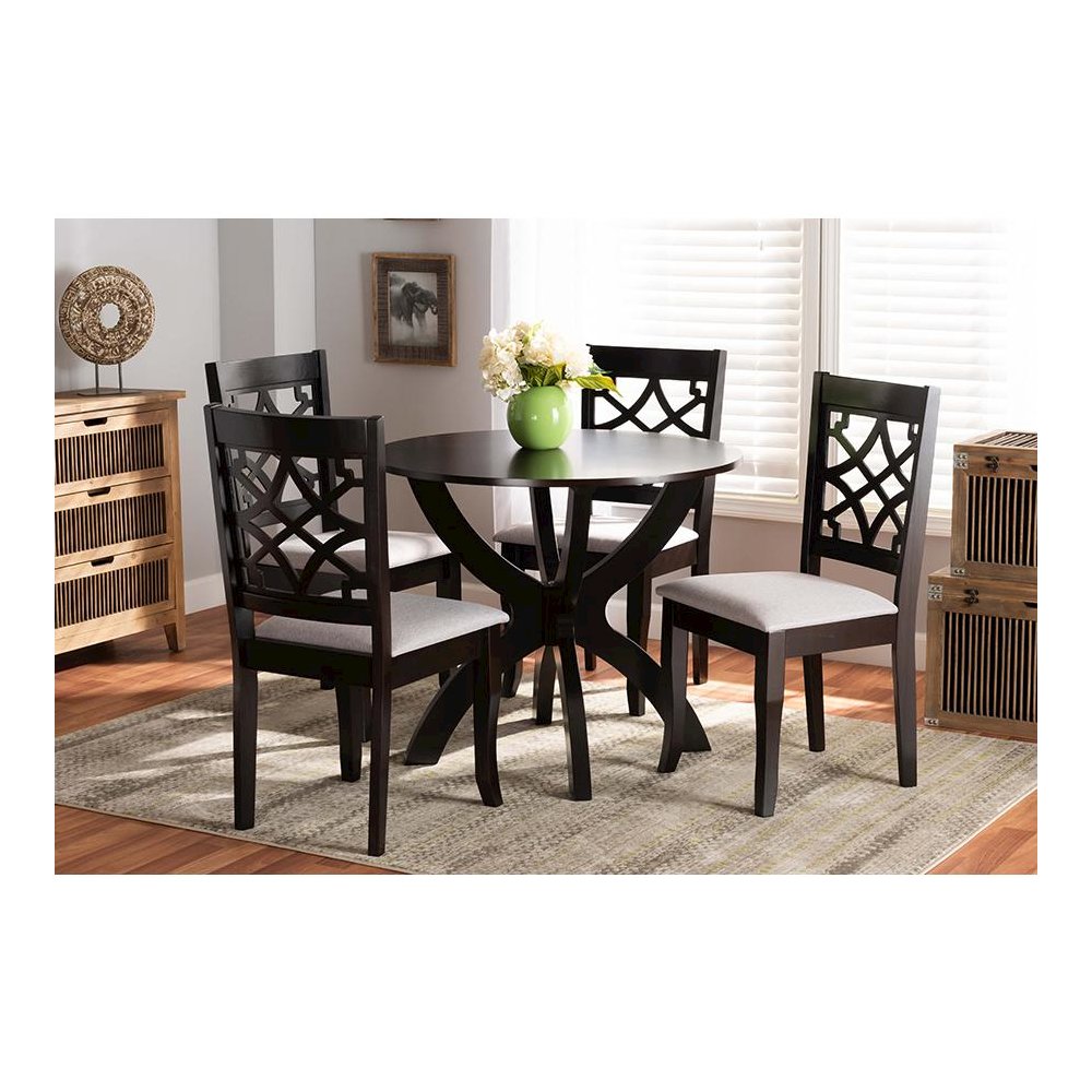 Grey Fabric Upholstered and Dark Brown Finished Wood 5-Piece Dining Set. Picture 17