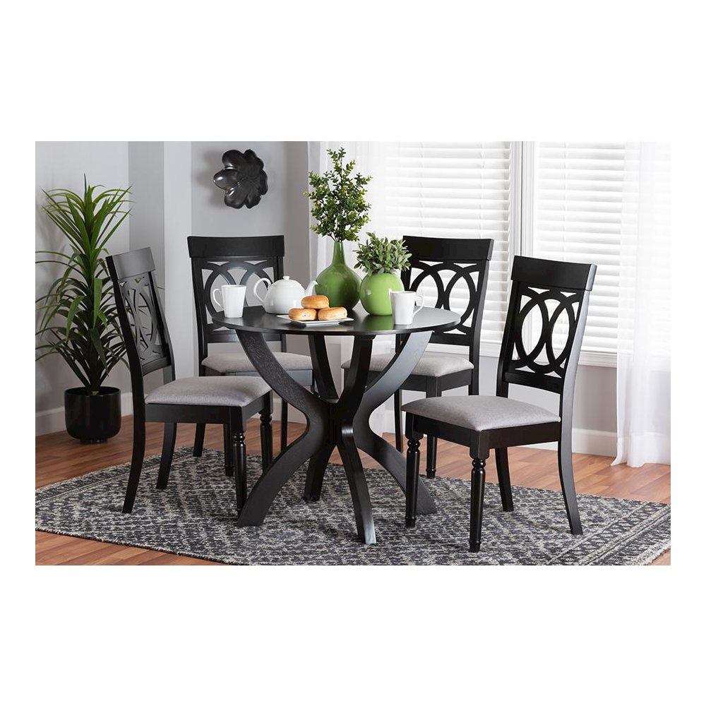 Velia Modern Grey Fabric and Dark Brown Finished Wood 5-Piece Dining Set. Picture 21