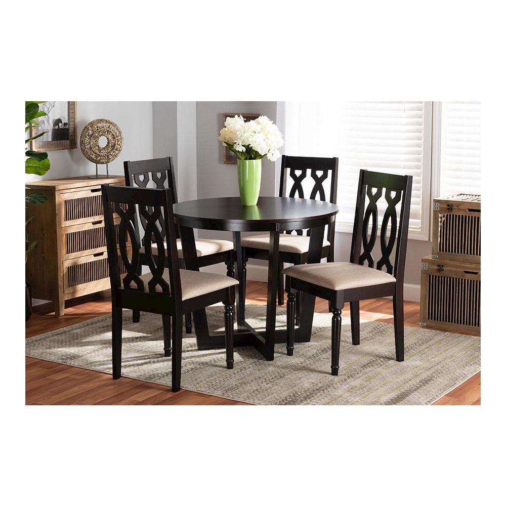 Sand Fabric Upholstered and Dark Brown Finished Wood 5-Piece Dining Set. Picture 19