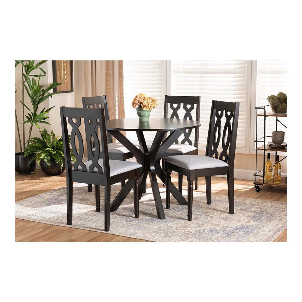 Grey Fabric Upholstered and Dark Brown Finished Wood 5-Piece Dining Set. Picture 19