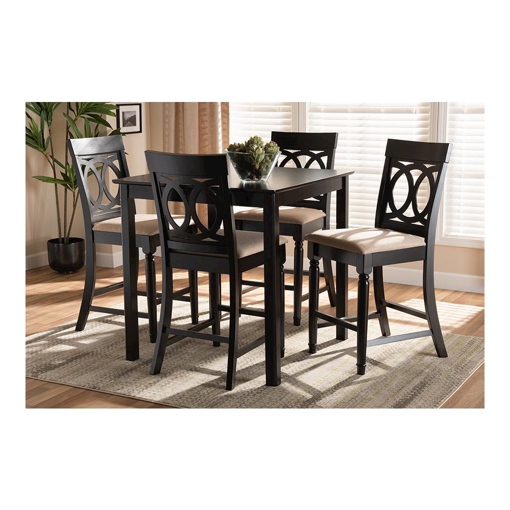 Sand Fabric Upholstered Espresso Brown Finished 5-Piece Wood Pub Set. Picture 17