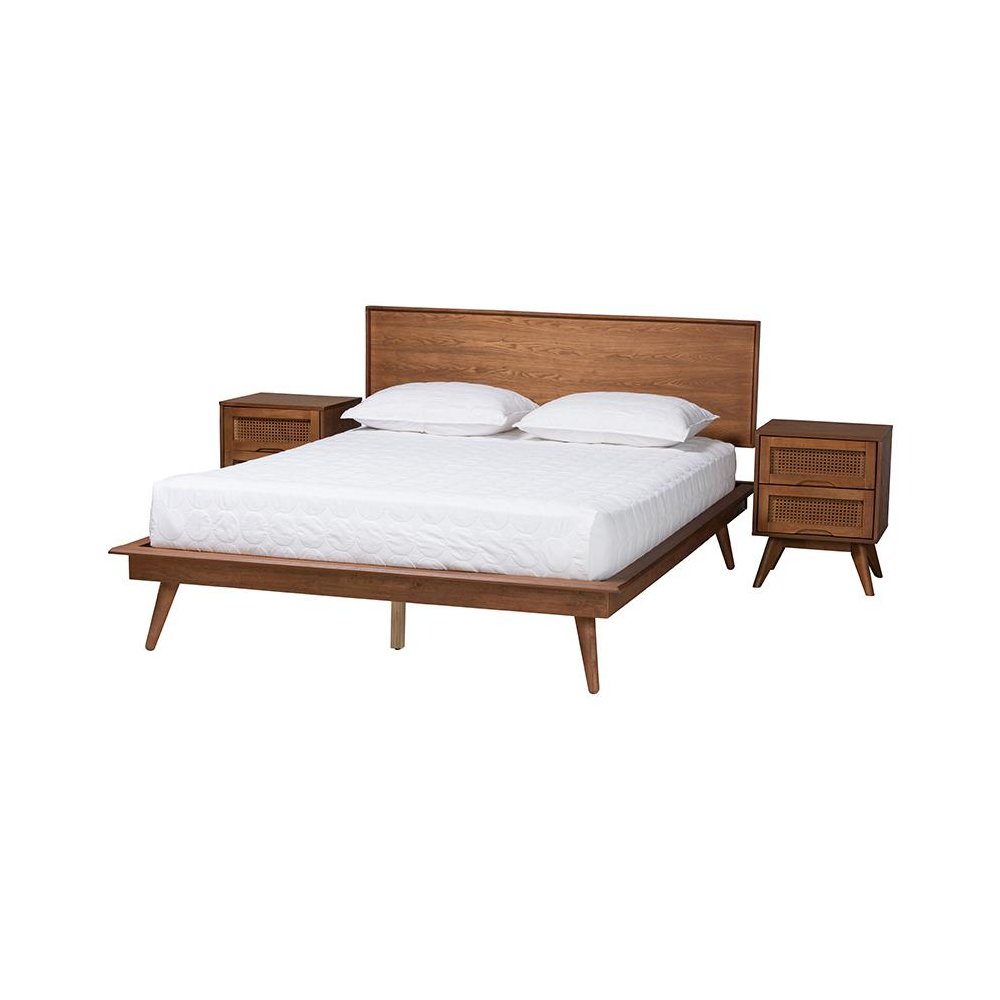 Walnut Brown Finished Wood and Rattan King Size 3-Piece Bedroom Set. Picture 1