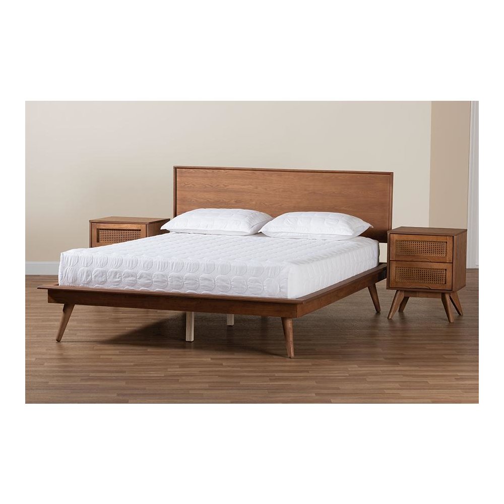 Walnut Brown Finished Wood and Rattan King Size 3-Piece Bedroom Set. Picture 11