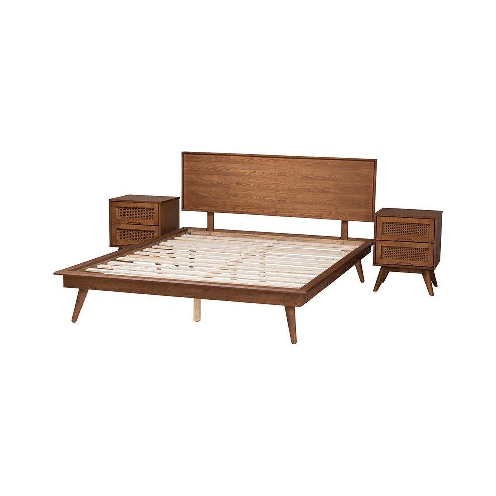 Walnut Brown Finished Wood and Rattan King Size 3-Piece Bedroom Set. Picture 2