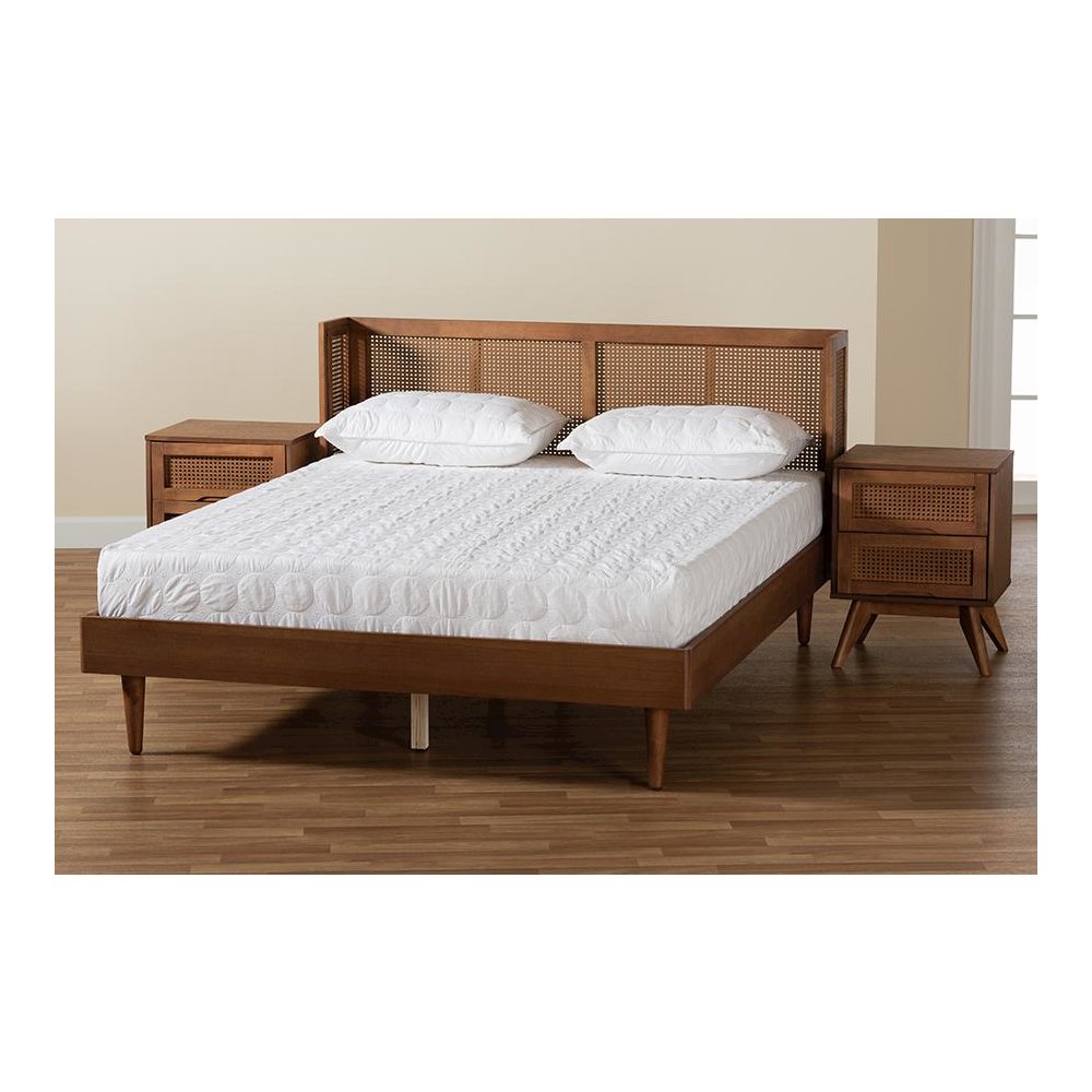 Ash Walnut Finished Wood 3-Piece Queen Size Bedroom Set with Synthetic Rattan. Picture 11