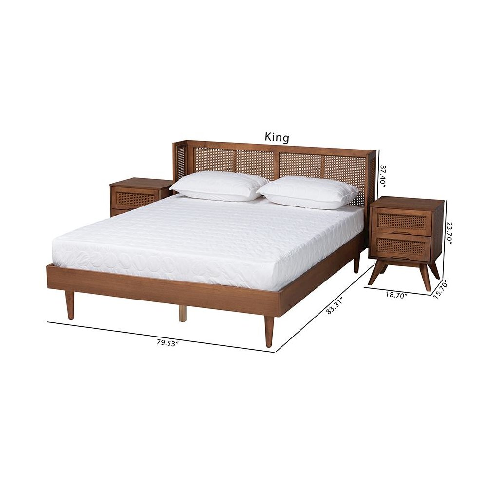 Ash Walnut Finished Wood 3-Piece Queen Size Bedroom Set with Synthetic Rattan. Picture 14