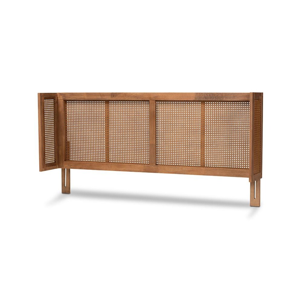 Ash Wanut Finished Wood and Synthetic Rattan Queen Size Wrap-Around Headboard. Picture 1
