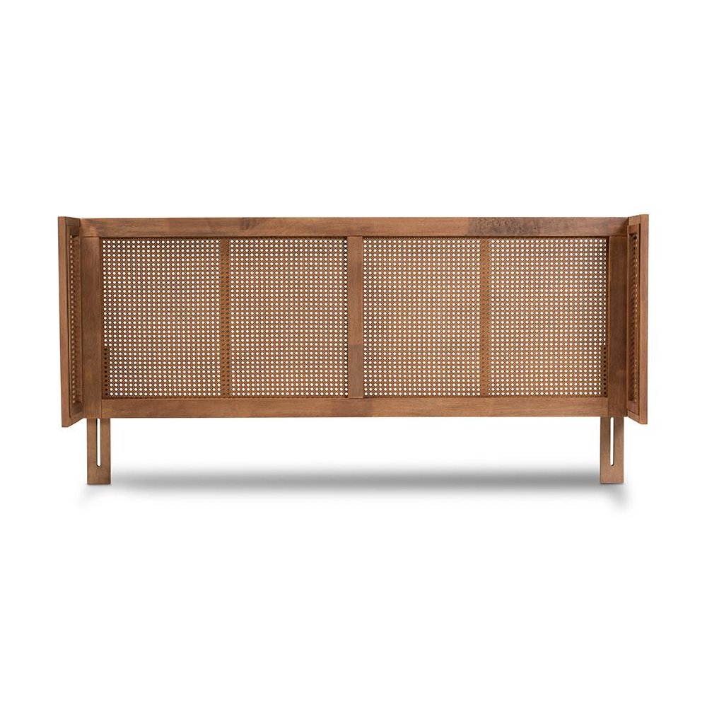 Ash Wanut Finished Wood and Synthetic Rattan Queen Size Wrap-Around Headboard. Picture 2