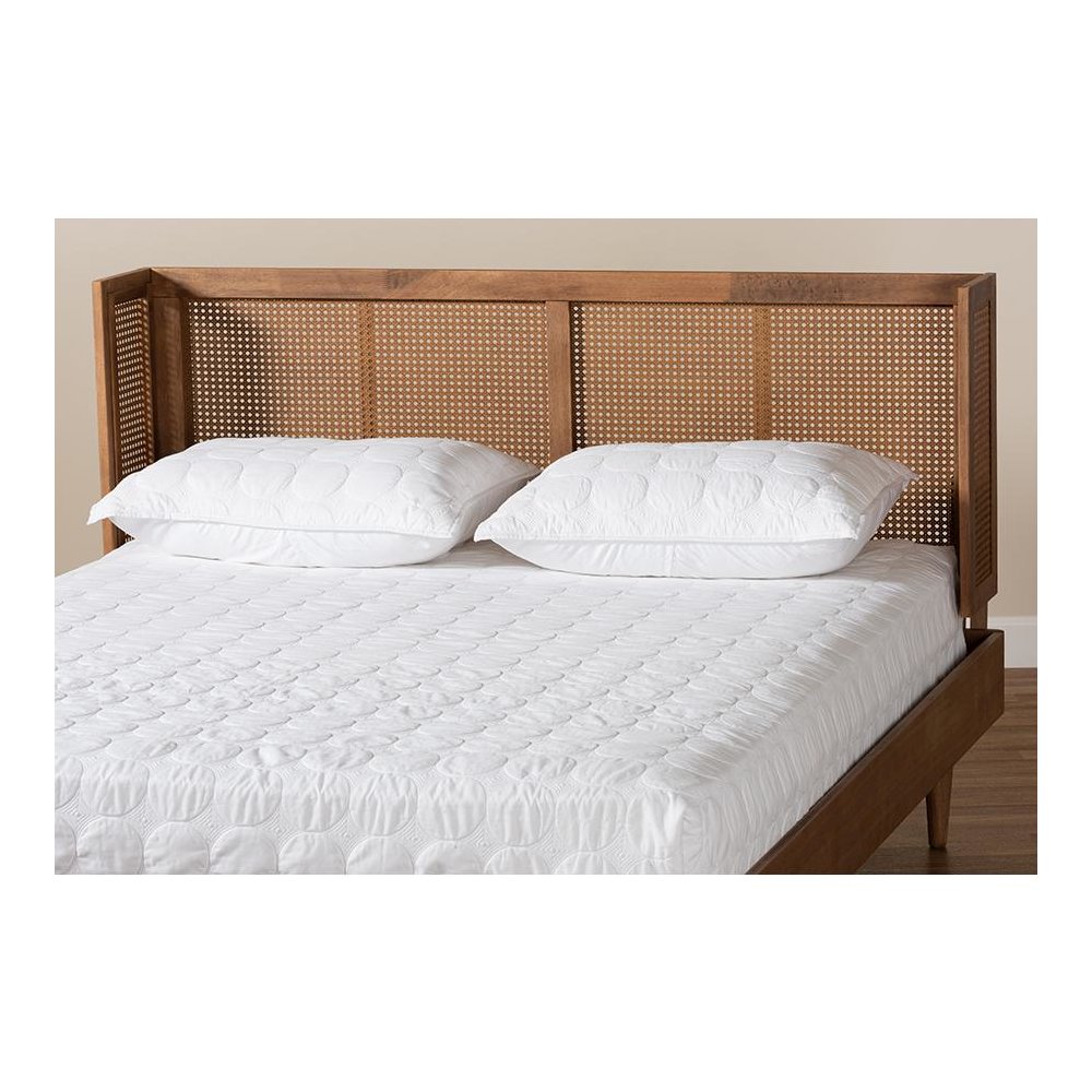 Ash Wanut Finished Wood and Synthetic Rattan Queen Size Wrap-Around Headboard. Picture 5