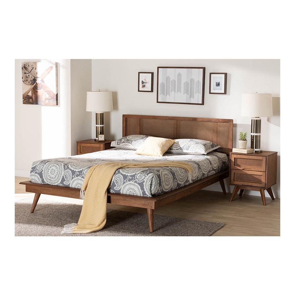 Walnut Brown Finished Wood and Rattan Full Size 3-Piece Bedroom Set. Picture 29