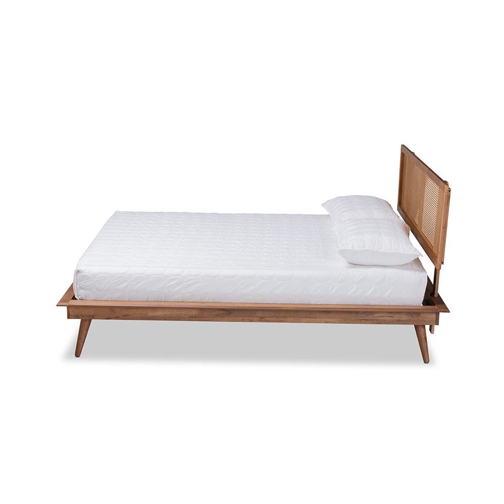 Walnut Brown Finished Wood and Synthetic Rattan Queen Size Platform Bed. Picture 2