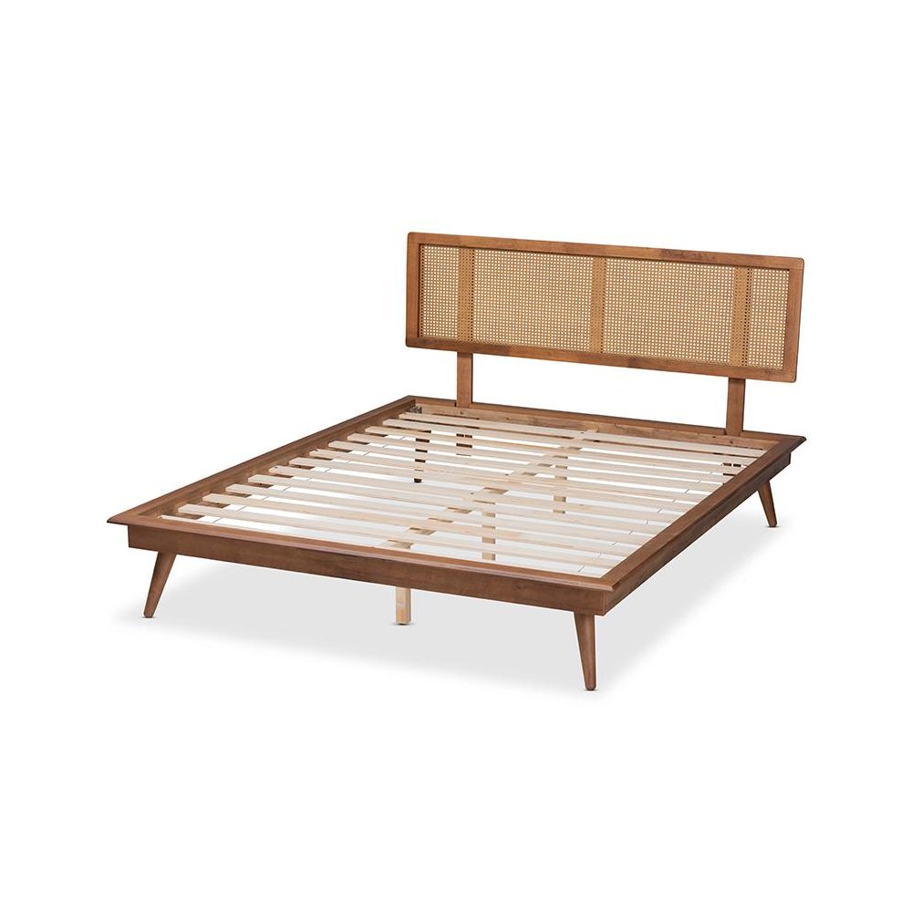 Walnut Brown Finished Wood and Synthetic Rattan Queen Size Platform Bed. Picture 3