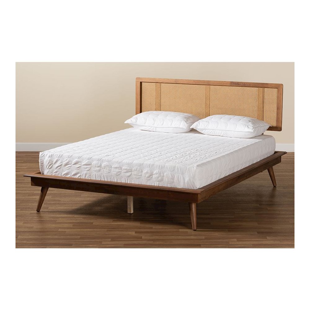 Walnut Brown Finished Wood and Synthetic Rattan Queen Size Platform Bed. Picture 7