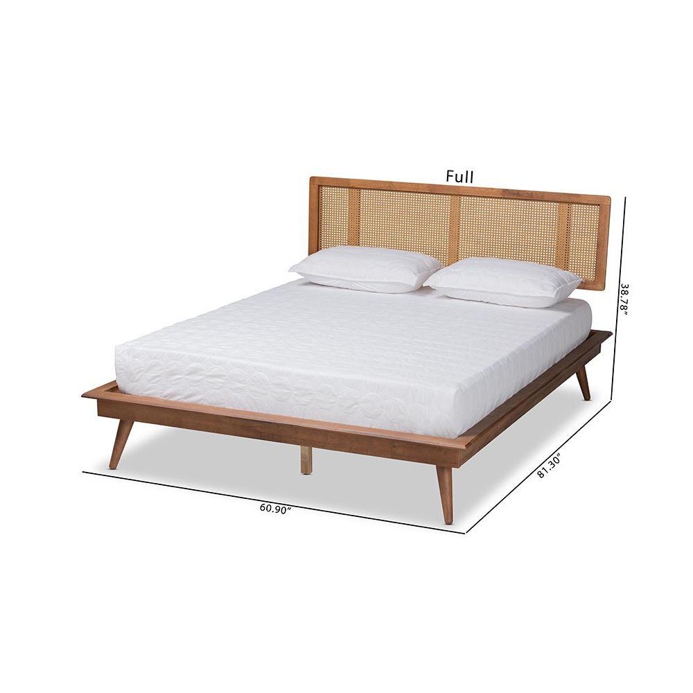 Walnut Brown Finished Wood and Synthetic Rattan Queen Size Platform Bed. Picture 8