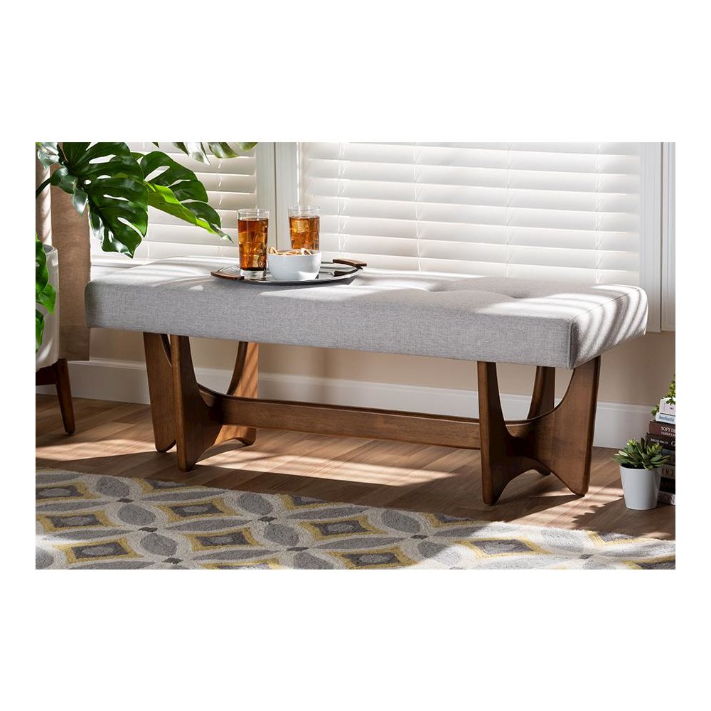 Theo Mid-Century Modern Greyish Beige Fabric Upholstered Walnut Finished Bench. Picture 17