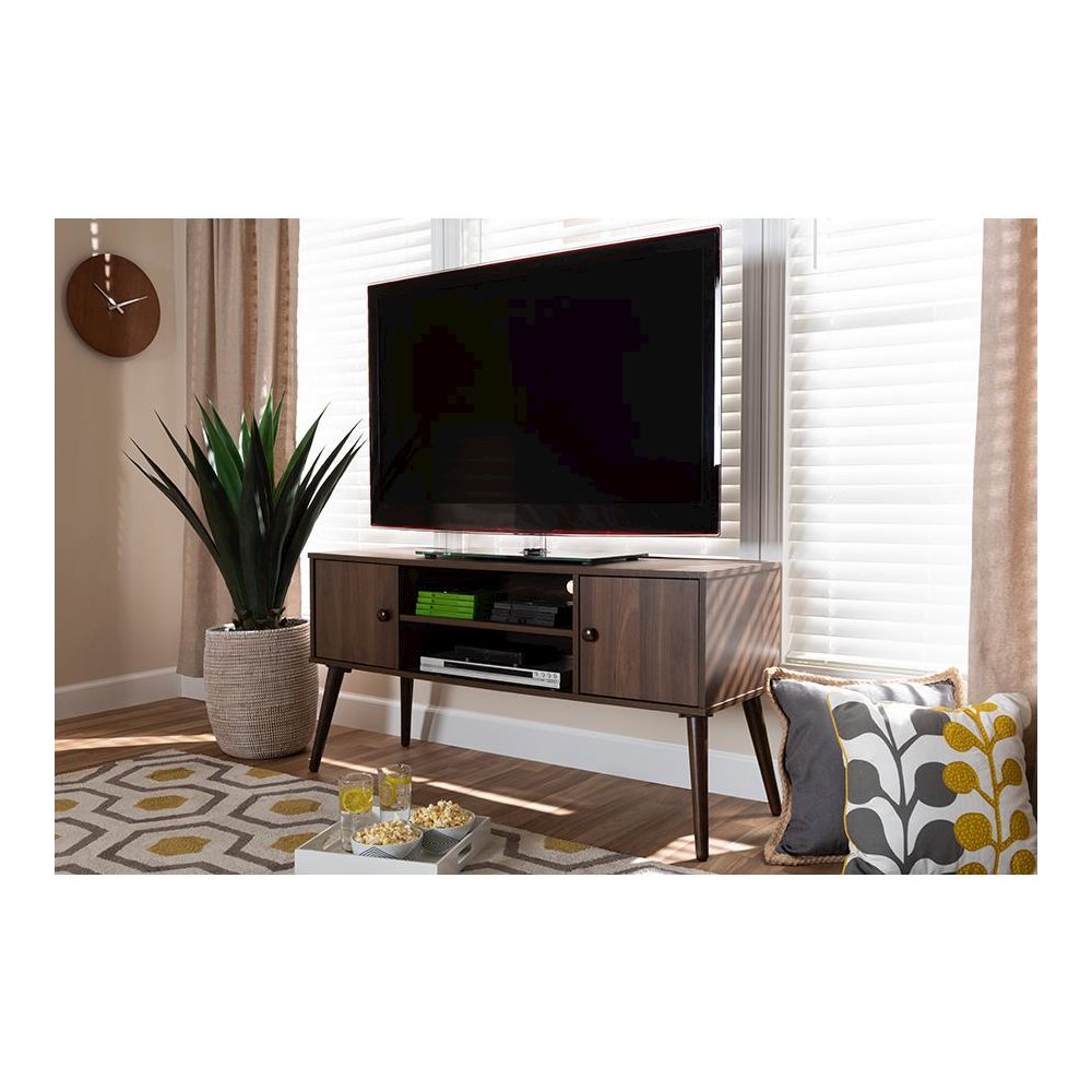 Alard Mid-Century Modern Walnut Brown Finished 2-Door Wood TV Stand. Picture 19