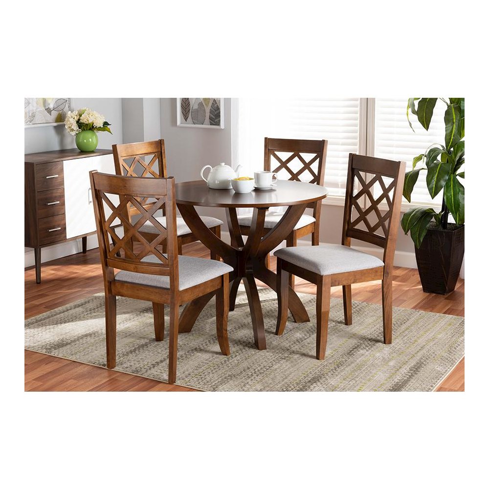 Grey Fabric Upholstered and Walnut Brown Finished Wood 5-Piece Dining Set. Picture 19