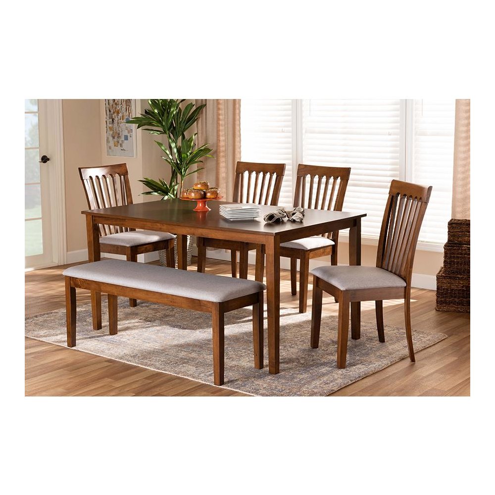 Grey Fabric Upholstered and Walnut Brown Finished Wood 6-Piece Dining Set. Picture 21