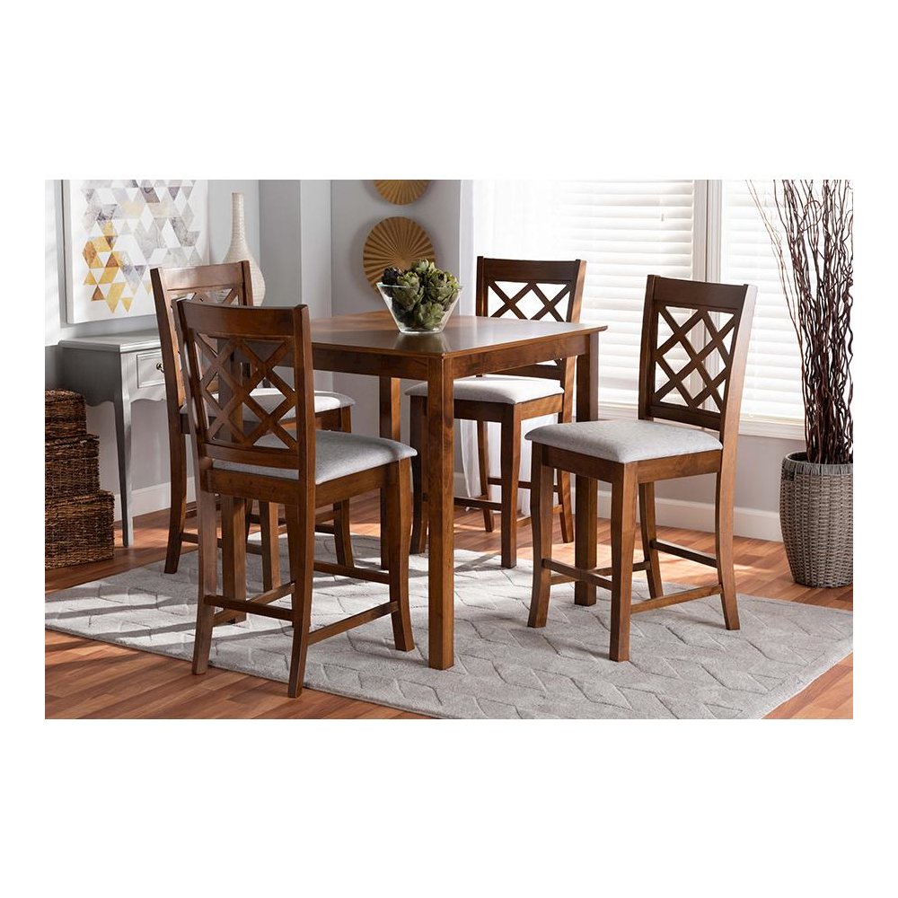 Grey Fabric Upholstered Walnut Brown Finished 5-Piece Wood Pub Set. Picture 17