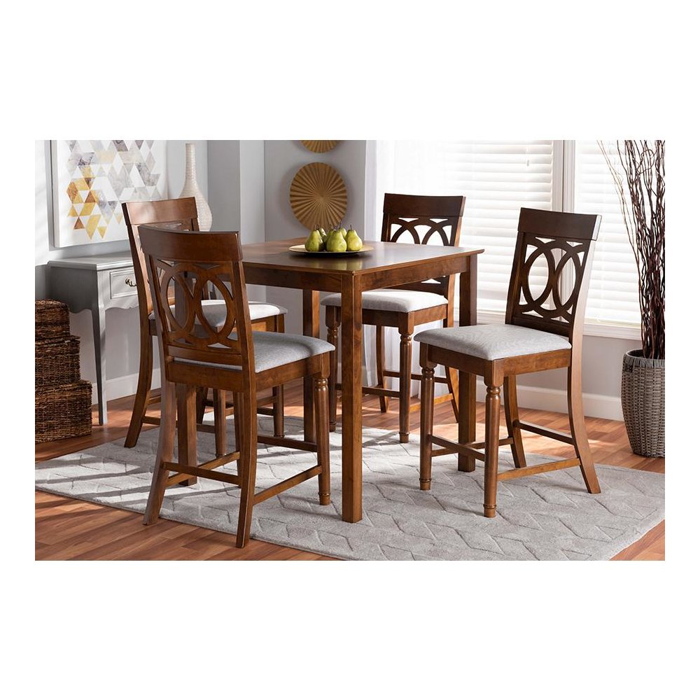 Grey Fabric Upholstered Walnut Brown Finished 5-Piece Wood Pub Set. Picture 19