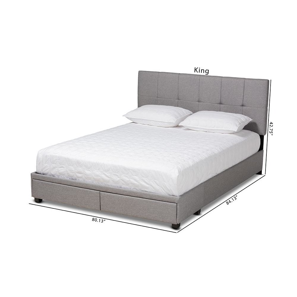 Netti Light Grey Fabric Upholstered 2-Drawer King Size Platform Storage Bed. Picture 12