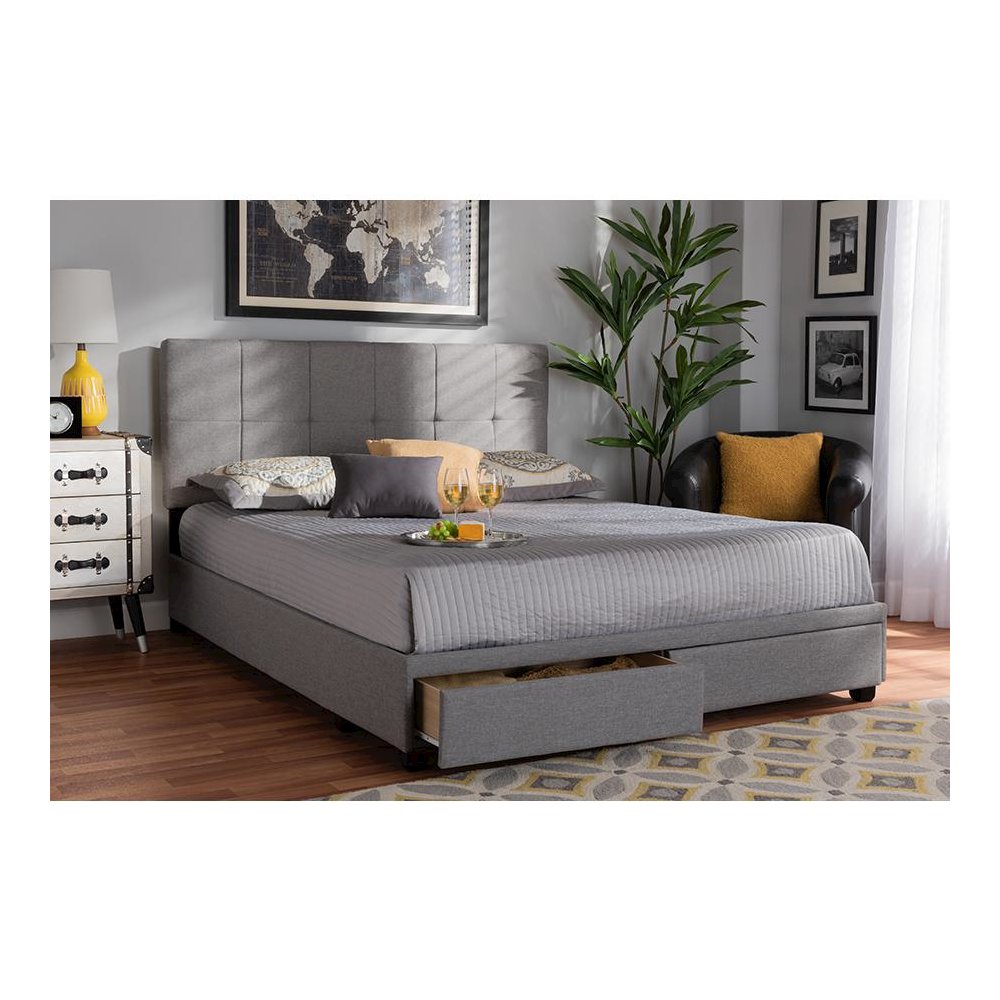 Netti Light Grey Fabric Upholstered 2-Drawer King Size Platform Storage Bed. Picture 9