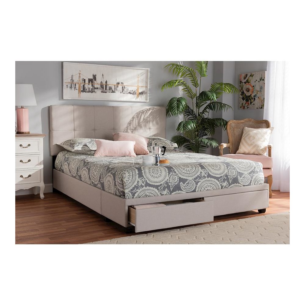 Netti Beige Fabric Upholstered 2-Drawer King Size Platform Storage Bed. Picture 9