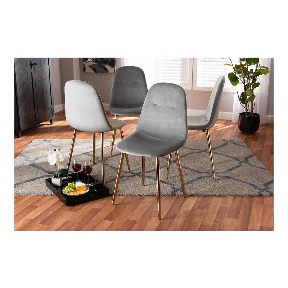 Luxe Grey Velvet Fabric Upholstered Gold Finished 4-Piece Metal Dining Chair Set. Picture 15