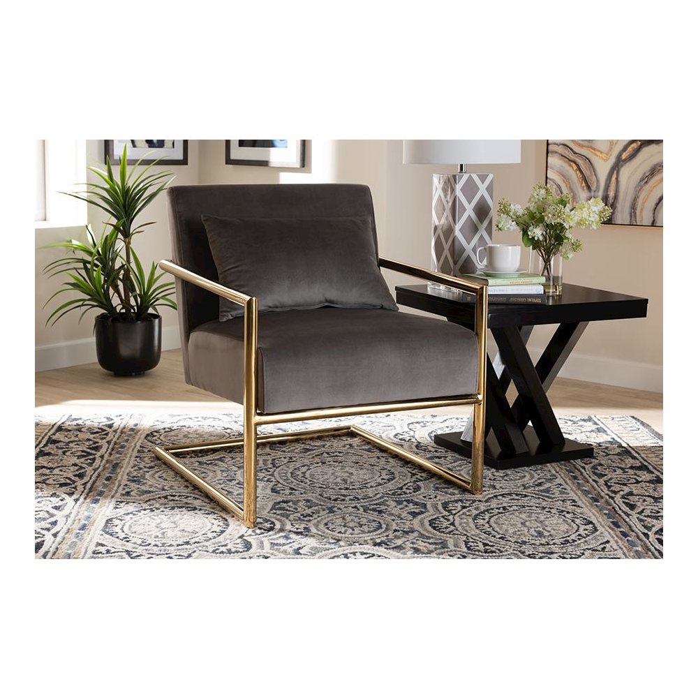 Luxe Grey Velvet Fabric Upholstered Gold Finished Metal Lounge Chair. Picture 17