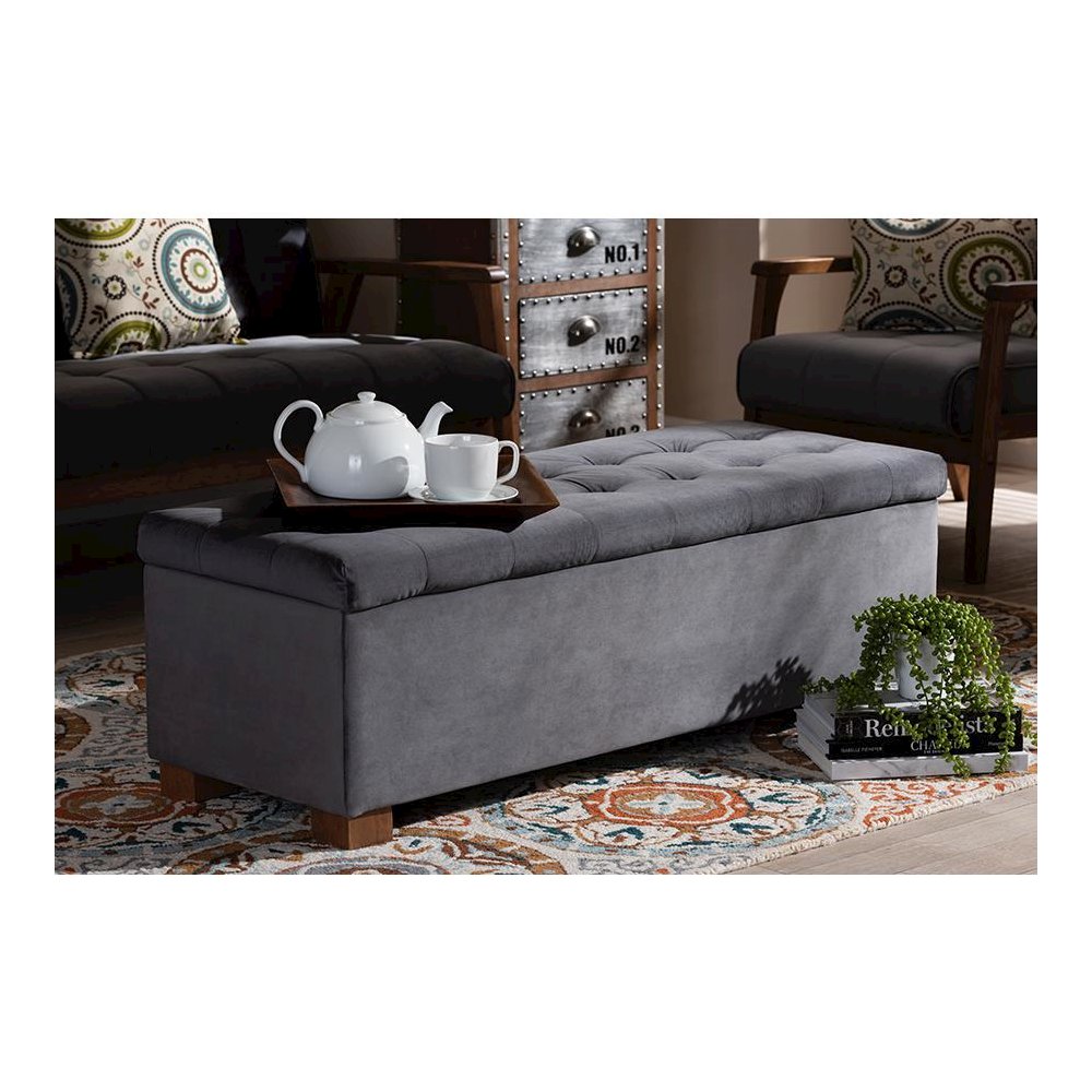 Grey Velvet Fabric Upholstered Grid-Tufted Storage Ottoman Bench. Picture 23