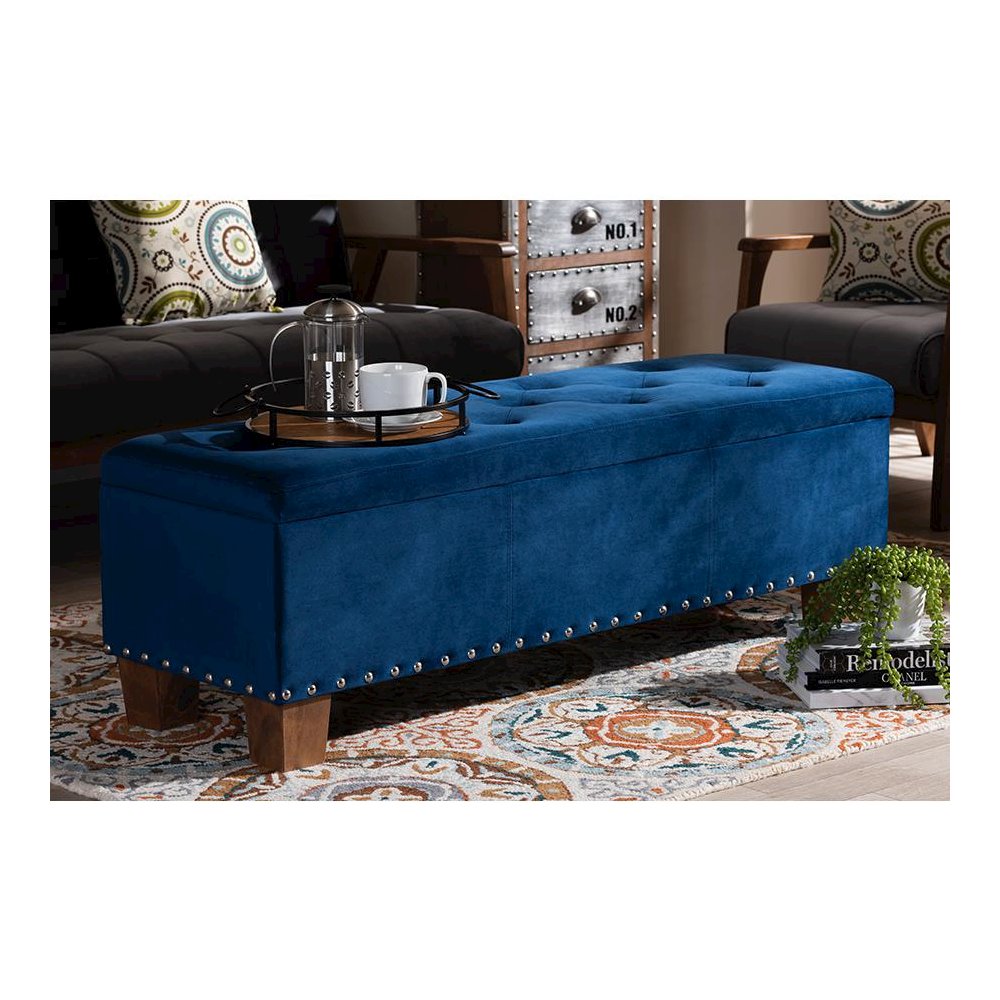 Navy Blue Velvet Fabric Upholstered Button-Tufted Storage Ottoman Bench. Picture 23
