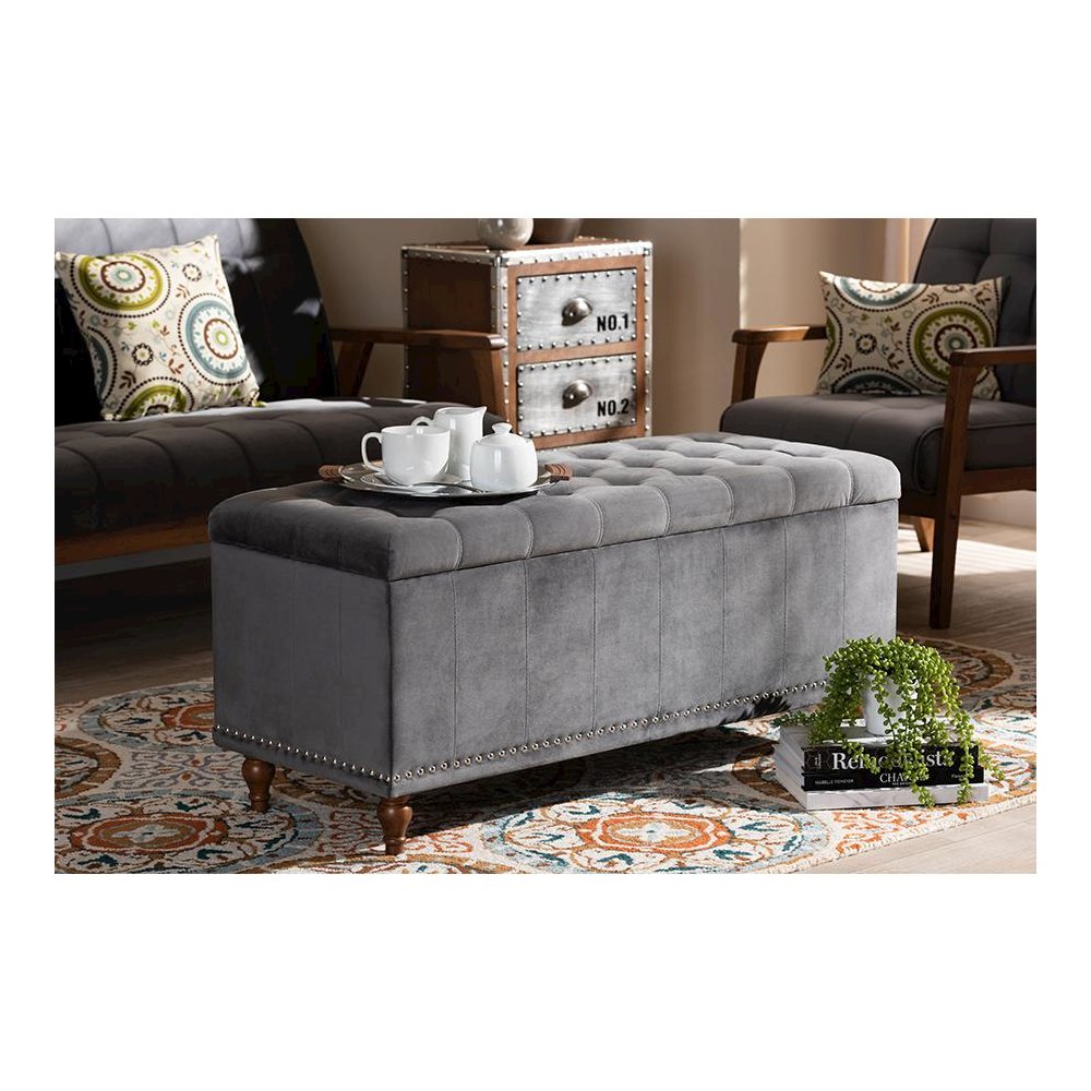 Grey Velvet Fabric Upholstered Button-Tufted Storage Ottoman Bench. Picture 23