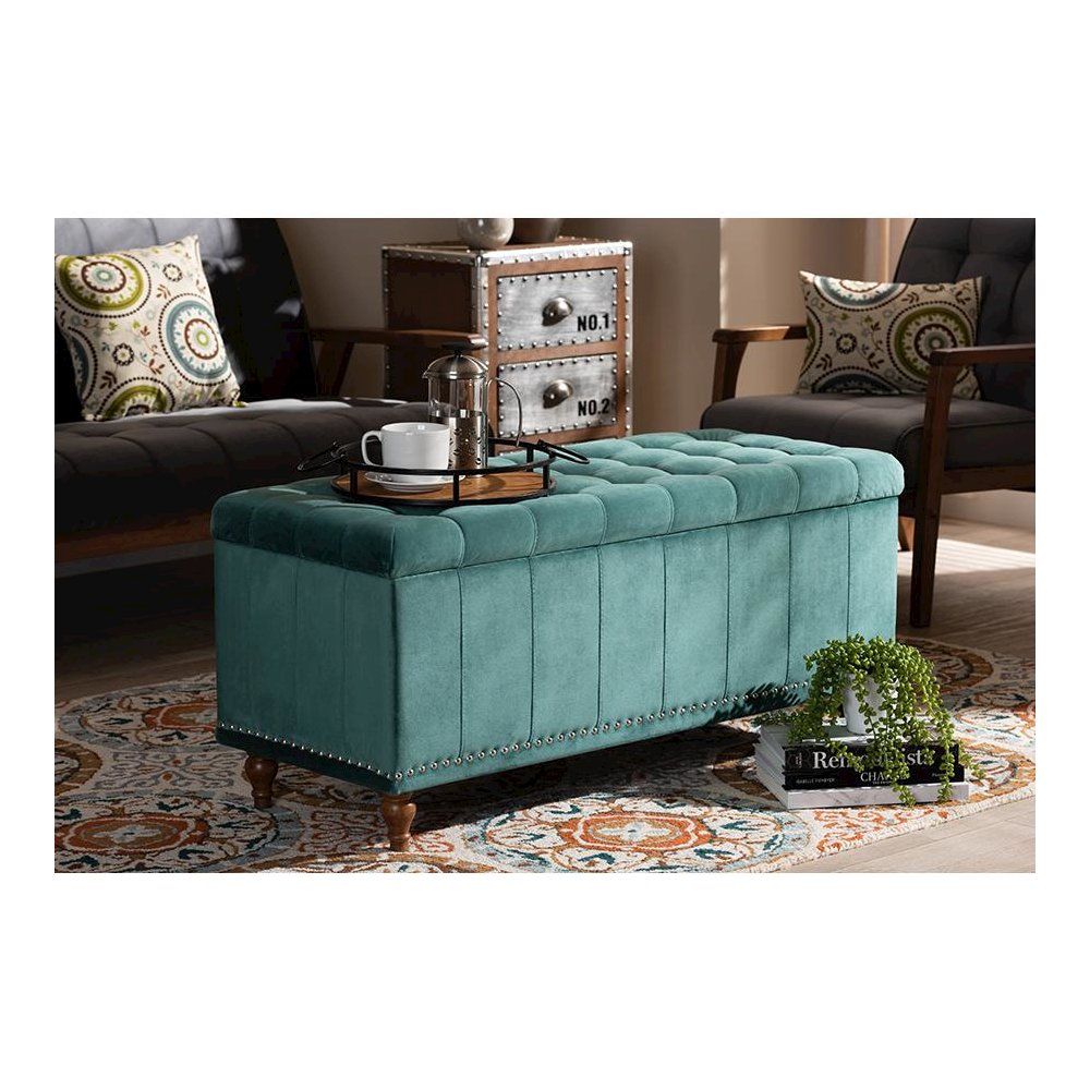Teal Blue Velvet Fabric Upholstered Button-Tufted Storage Ottoman Bench. Picture 23