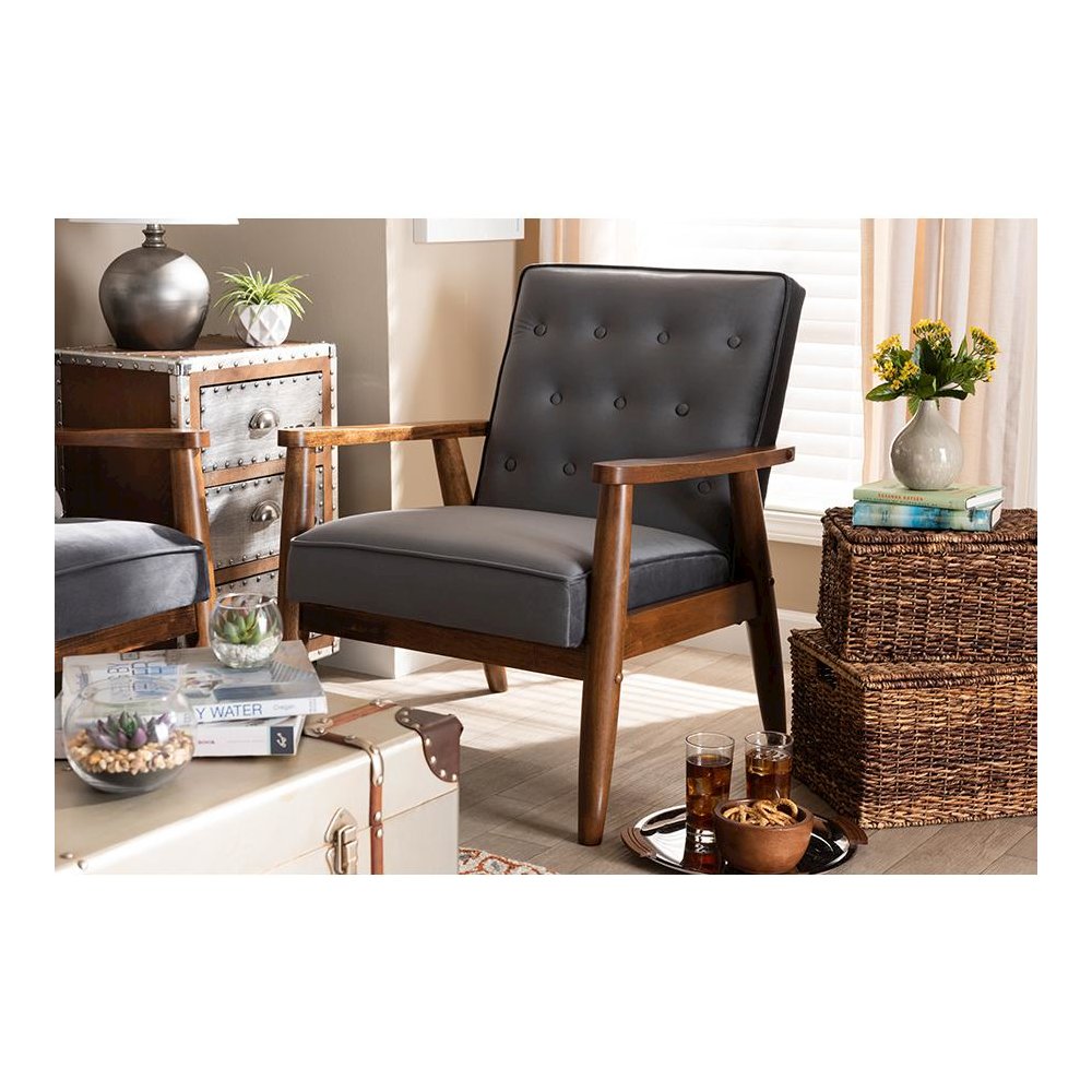 Grey Velvet Fabric Upholstered Walnut Finished Wooden Lounge Chair. Picture 19