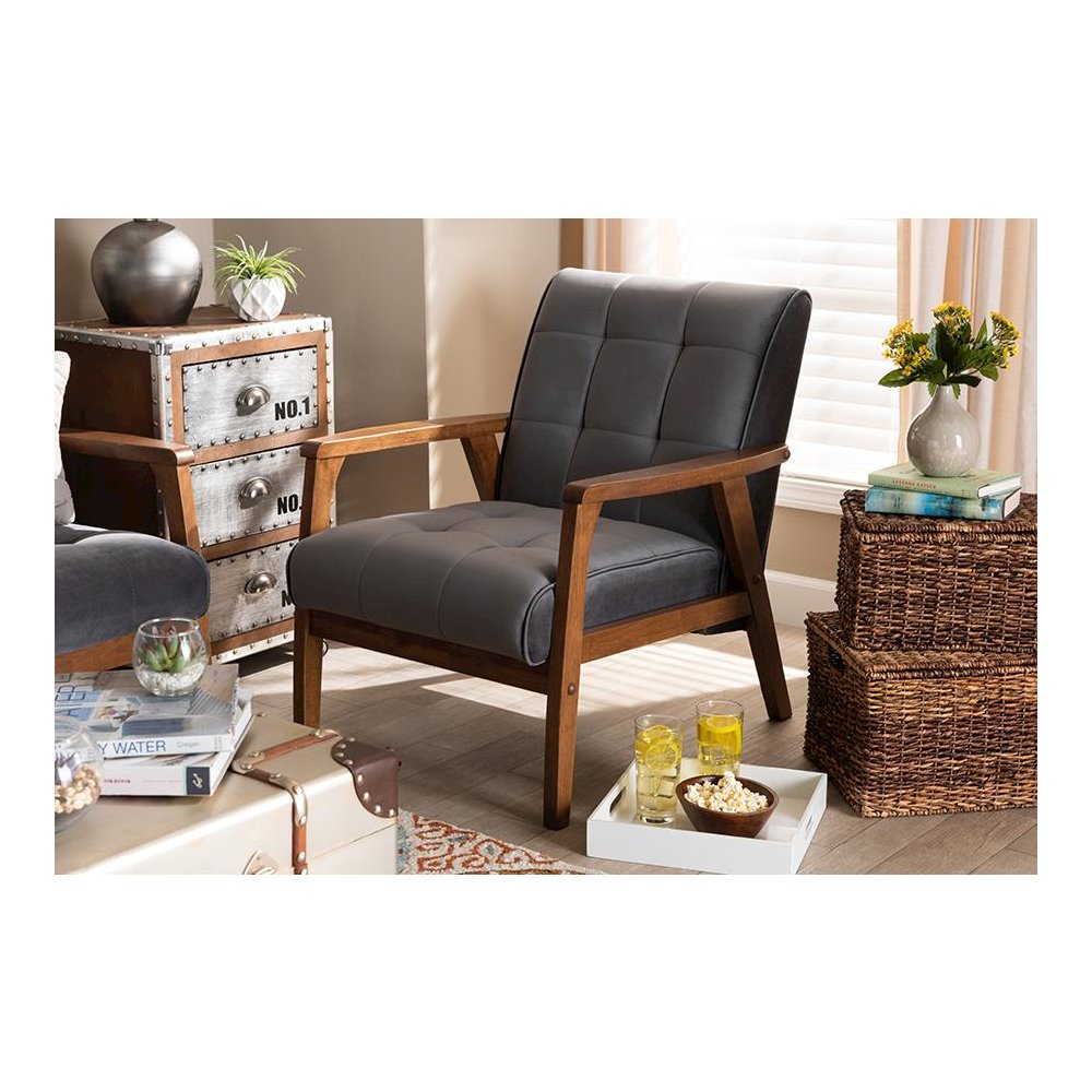Grey Velvet Fabric Upholstered Walnut Finished Wood Armchair. Picture 19