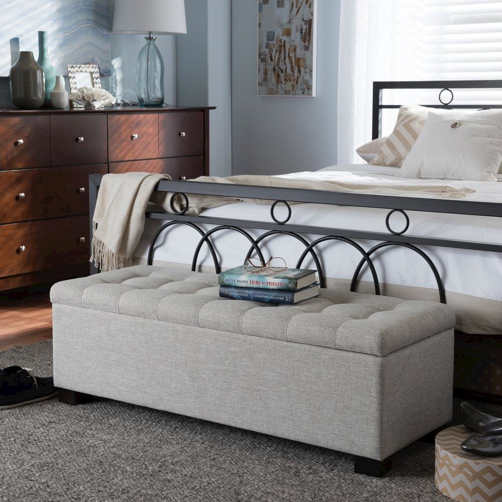 Beige Fabric Upholstered Grid-Tufting Storage Ottoman Bench. Picture 18