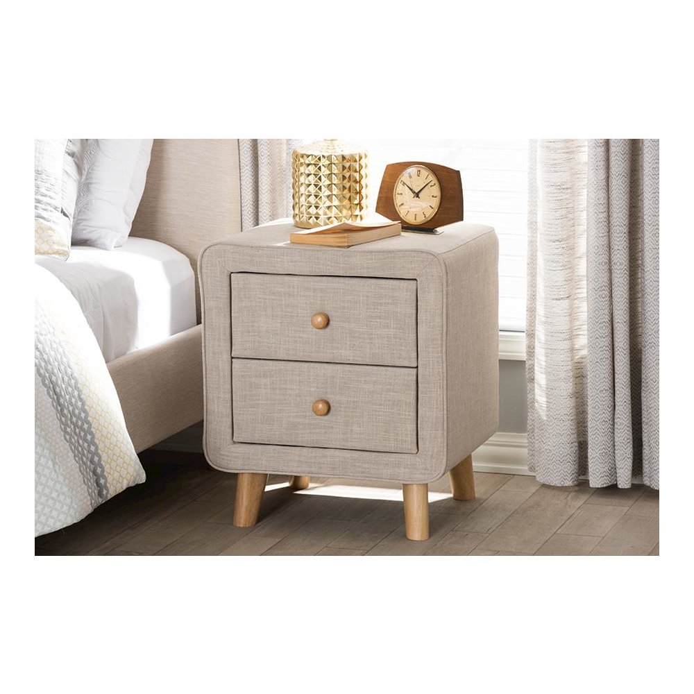 Baxton Studio Jonesy Mid-Century Beige Linen Upholstered 2-Drawer Nightstand. Picture 19