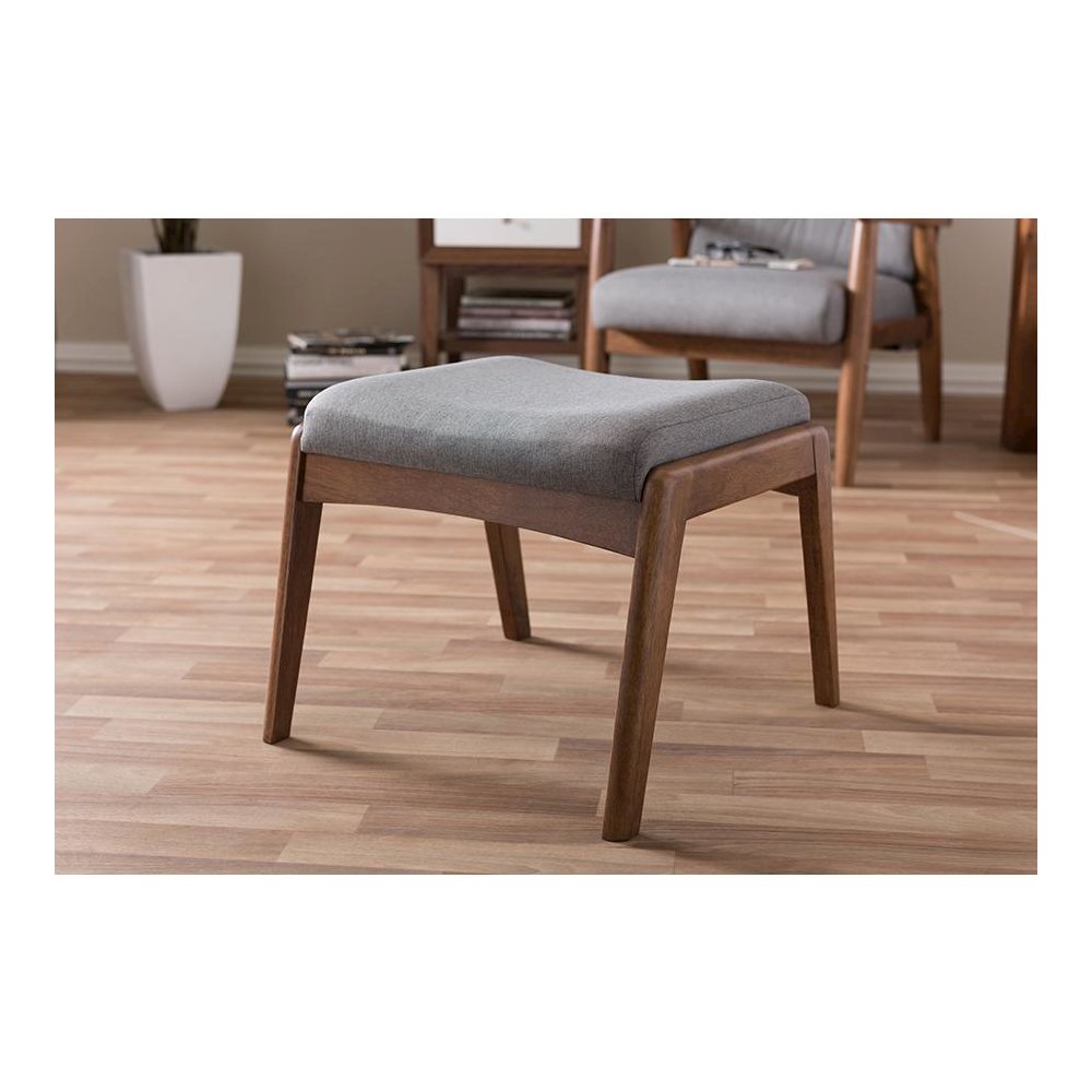 Walnut Wood Finishing and Grey Fabric Upholstered Ottoman. Picture 13