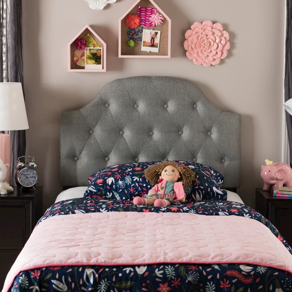 Grey Fabric Upholstered Button-Tufted Scalloped Twin Size Headboard. Picture 8