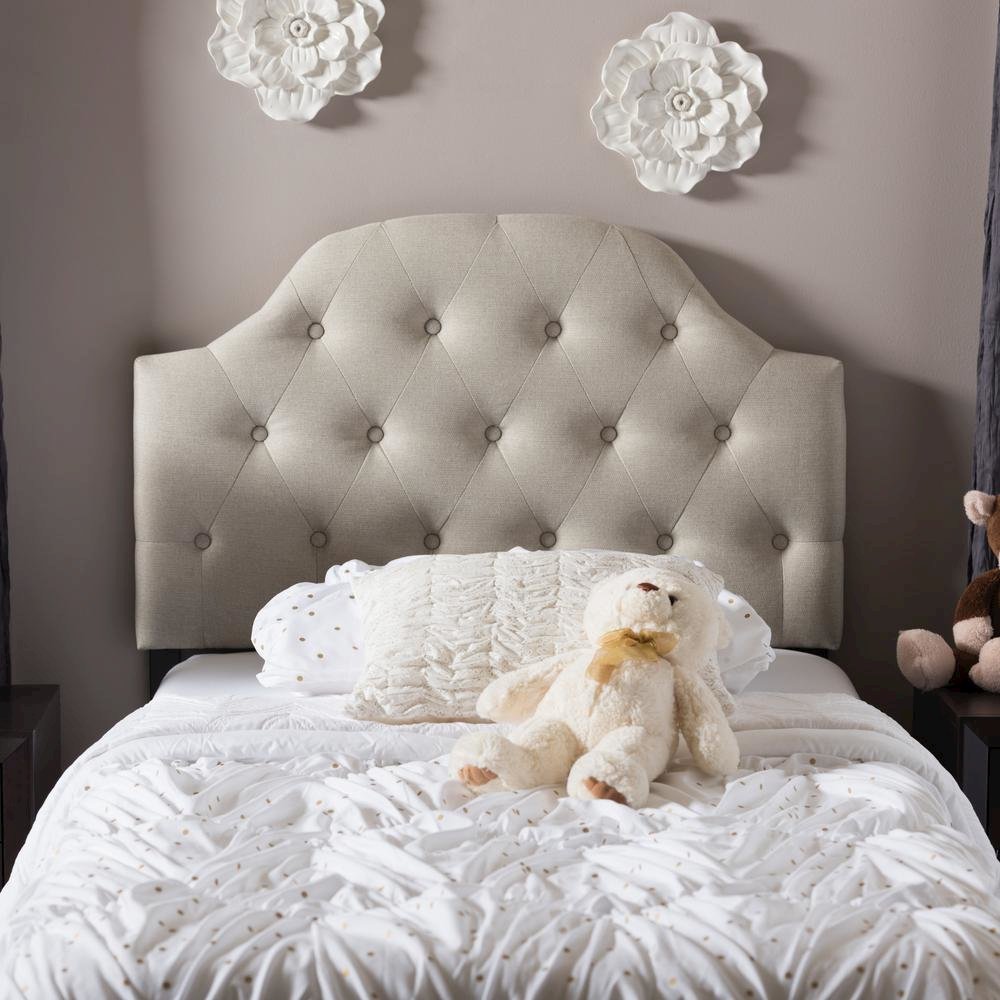 Light Beige Fabric Upholstered Button-Tufted Scalloped Twin Size Headboard. Picture 8