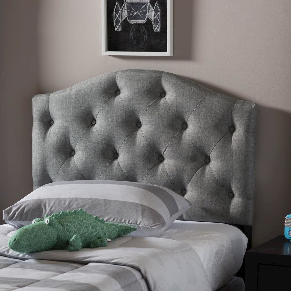 Grey Fabric Upholstered Button-Tufted Scalloped Twin Size Headboard. Picture 8